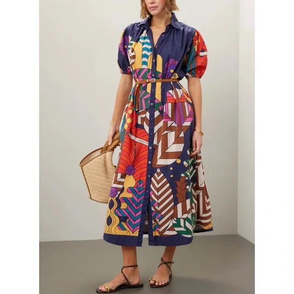 Carolina K Retro Mod Muumuu Midi Dress XS Artsy Kaftan Vacation Designer $425 - Picture 2 of 13